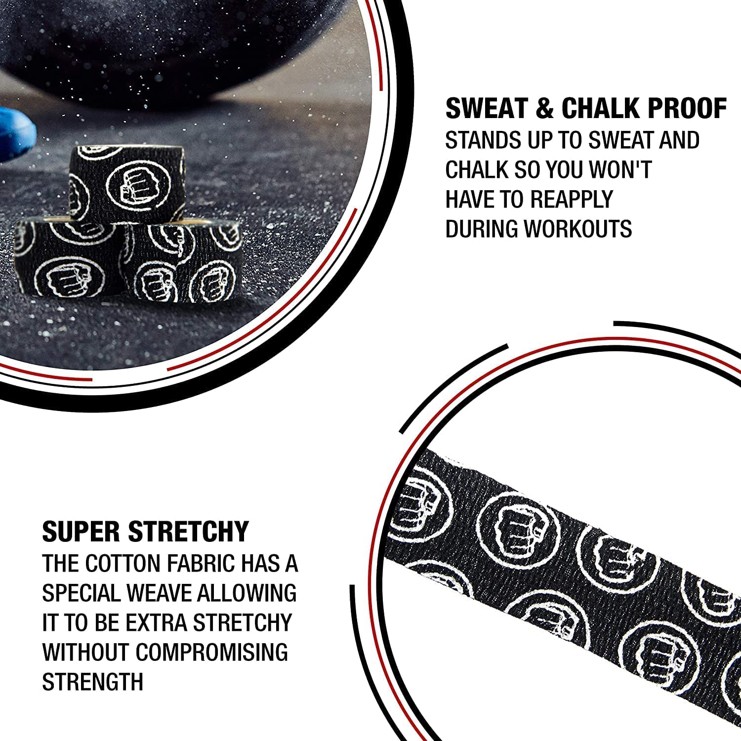 WOD Nation Weightlifting Hook Grip Tape - Bulk Packs of 3, 12, 24 Rolls (23ft/Roll) Comfortable & Stretchy Athletic Thumb Tape for Weight Lifting & Cross Training - Protect Thumb, Wrist & Finger