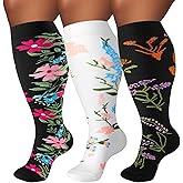 FOFLORA Plus Size Compression Socks for Women & Men 3 Pairs, Wide Calf Extra Large 20-30 mmHg Knee High Support Socks for Travel, Running, Nurse