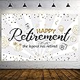 Happy Retirement Party Decorations,Extra Large Fabric Black Gold Sign Poster for Retirement Party Supplies, Photo Booth Backdrop Background Banner (White)