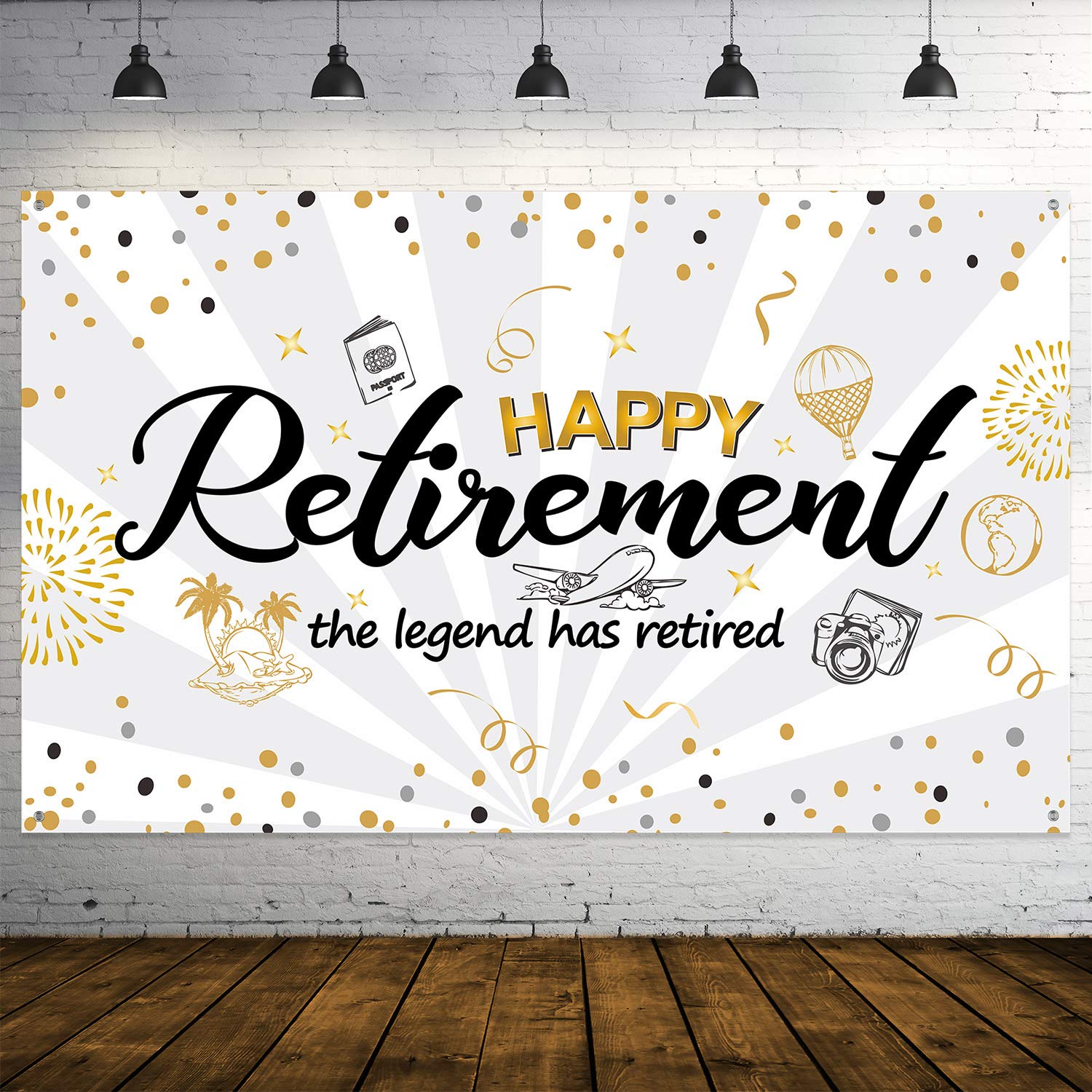 Retirement Party Decorations, Giant Black and Gold Sign Retirement Party Banner Photo Booth Backdrop Background for Retirement Party Supplies, White