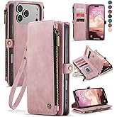 Defencase Compatible with iPhone 17 Pro Case Wallet with RFID Blocking Card Holder for Women Men, Fashion PU Leather Magnetic Snap Flip Zipper Strap Wallet Phone Case for iPhone 17 Pro 6.3", Rose Pink
