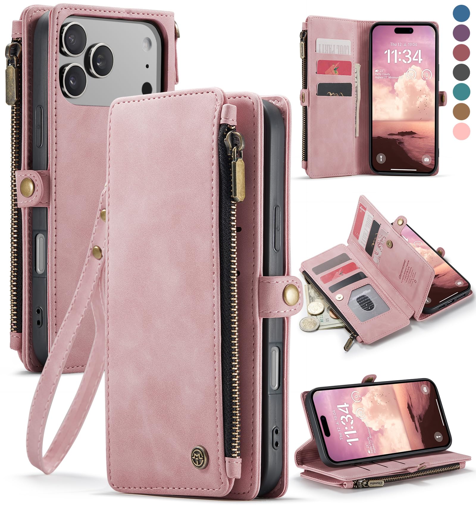 Photo 1 of Defencase Compatible with iPhone 17 Pro Case Wallet with RFID Blocking Card Holder for Women Men, Fashion PU Leather Magnetic Snap Flip Zipper Strap Wallet Phone Case for iPhone 17 Pro 6.3", Rose Pink