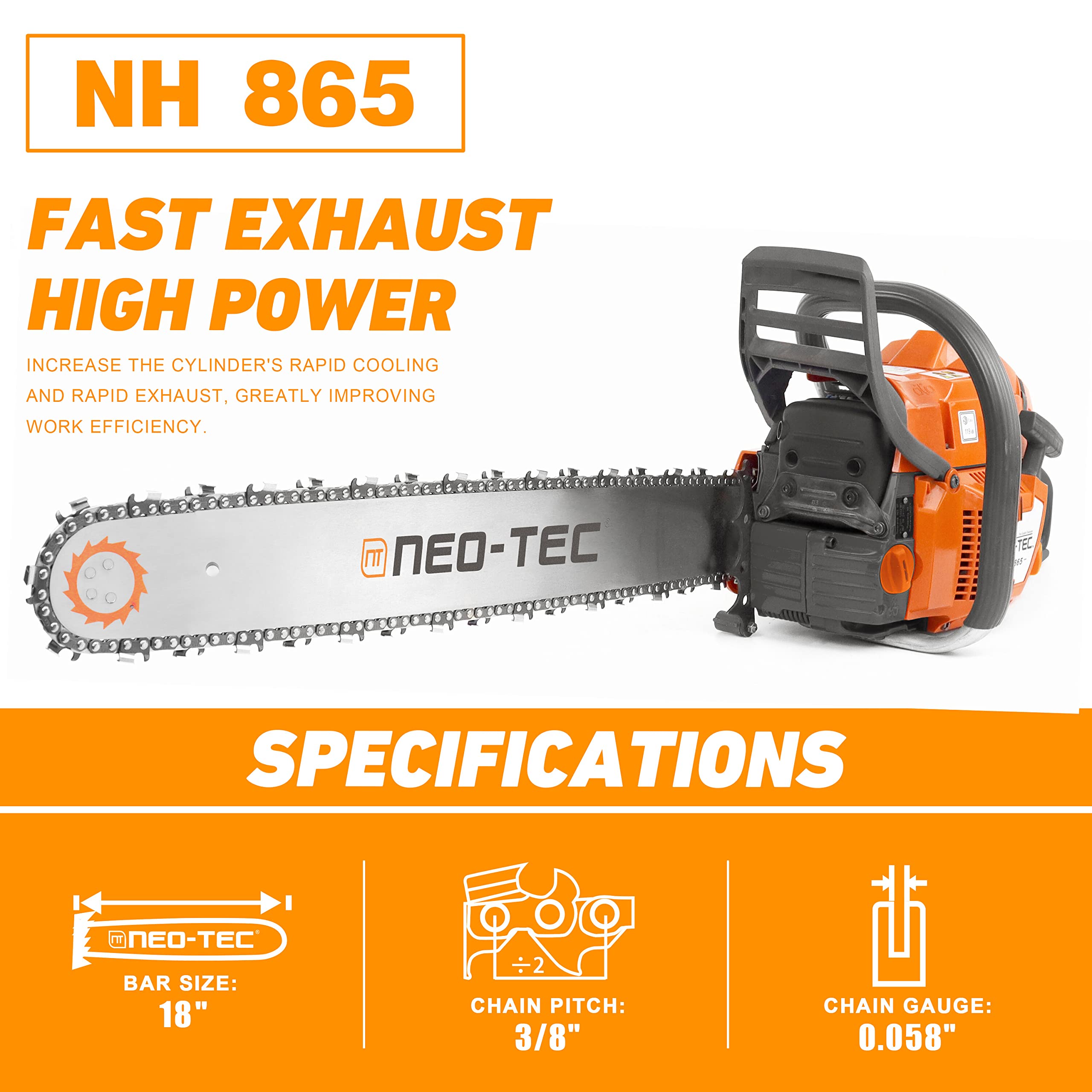 NEO-TEC NH865 65cc Gas Chainsaw for G365 With 18 Inch Guide Bar Power Chain Saw 3.4KW Gasoline Chainsaws for Tree and Wood Cutting, All Parts Compatible with Husqvarna 365 Milling