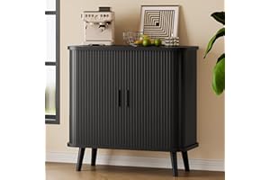 XIXINI Sideboard Buffet Cabinet with Sliding Door, 31.5" Wide Fluted Modern Accent Storage Cabinet with Adjustable Shelves, Wood Coffee Bar Buffet Console Table for Kitchen, Dining Room, Living Room, Black