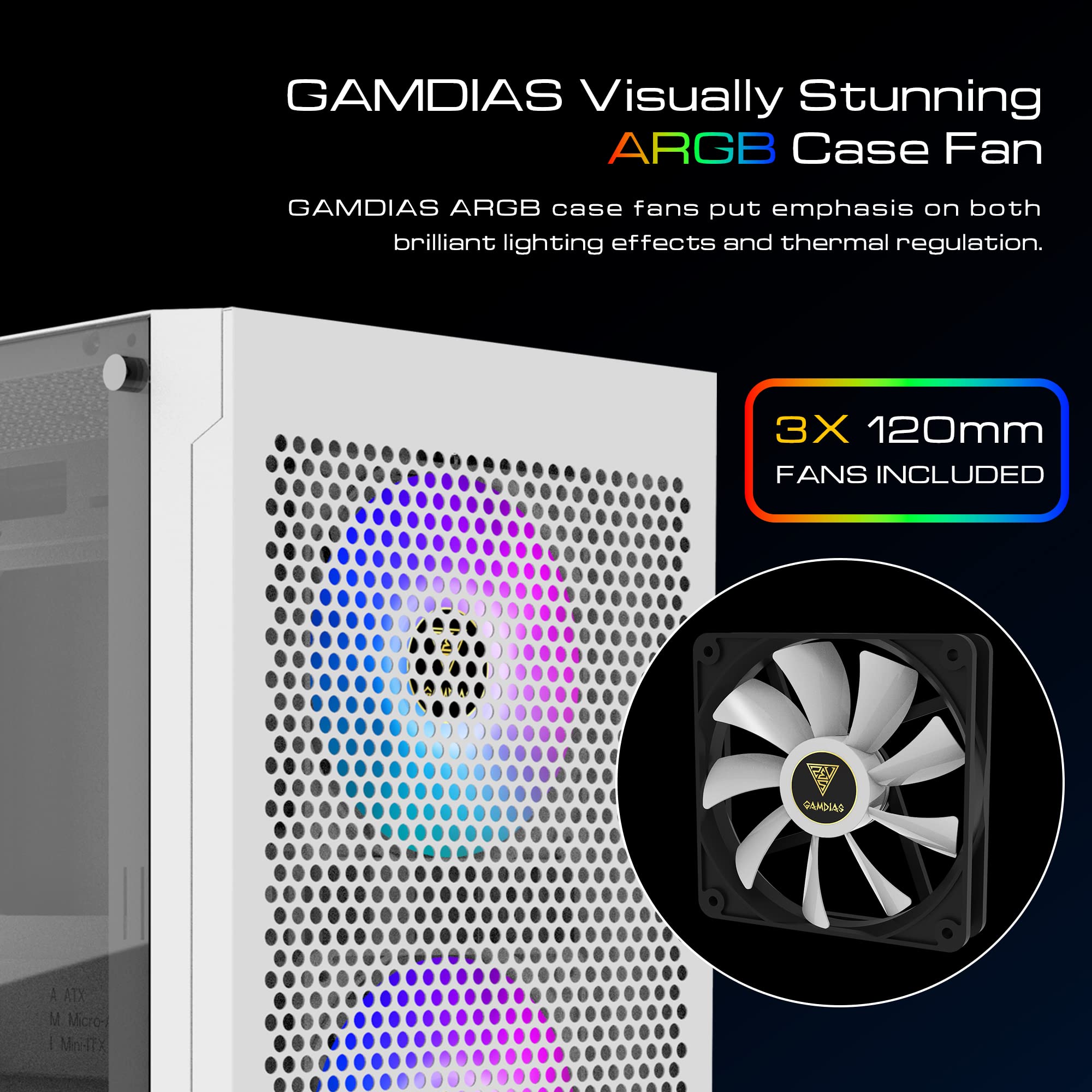 Gamdias Talos E3 Mesh Wh Gaming Pc Case, Mid-Tower Atx Case With Side Tempered Glass Panel And A Magnetic Dust Filter &Amp; 3 Built-In 120Mm Argb Fans, Tool-Free Installation, Mesh Front Panel - View 3
