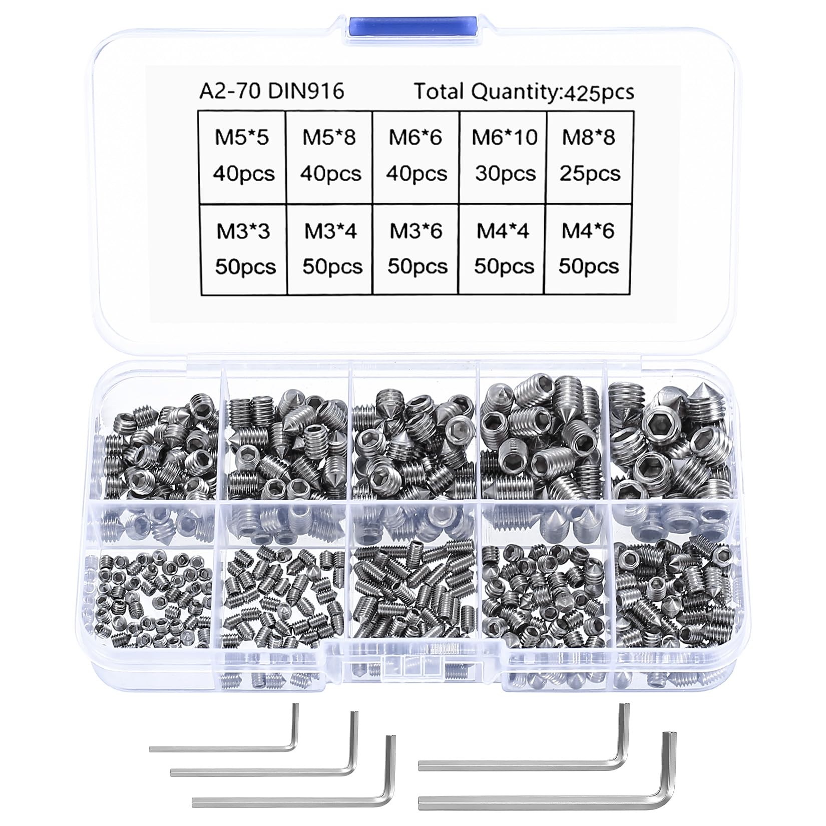 425 pointed screws mixed, Stainless Steel Cone Point Screws, M3 M4 M5 M6 M8 Hex Head Thread Socket Screw Assortment Kits with a Storage Box — image 1