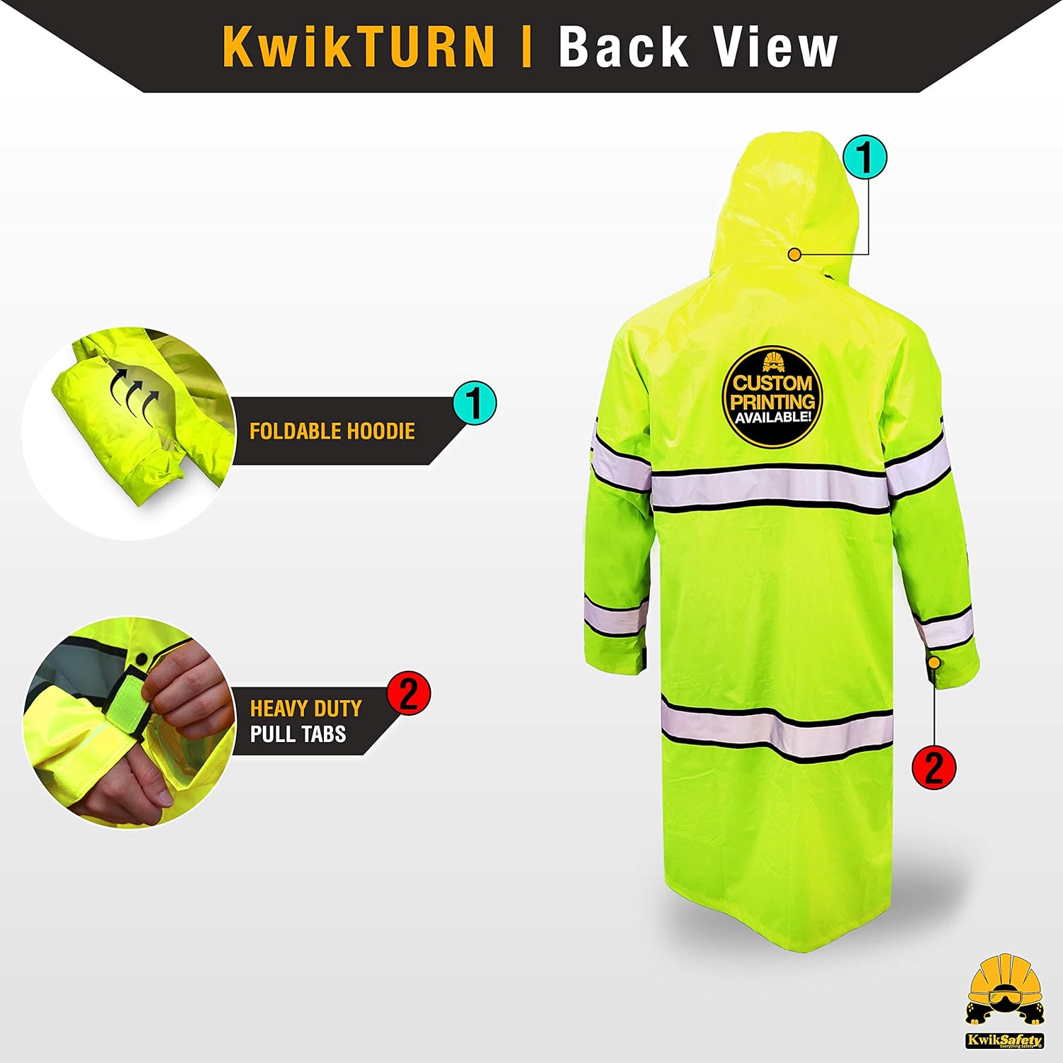 KwikSafety (Charlotte, NC) TORRENT Class 3 Safety Trench Coat | High Visibility Waterproof Windproof Safety Rain Jacket | Hi Vis Reflective ANSI Work Wear | Rain Gear Hideaway Hood Carry Bag | Small - - 