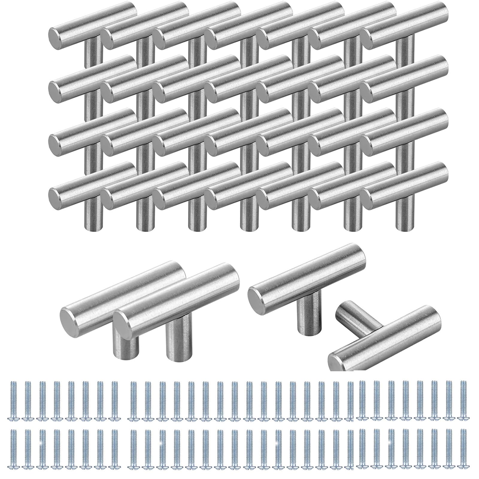 MEIDIV 32 Pack Kitchen Door Handles, Kitchen Cupboard Handles, Single Hole Cabinet Knobs, Drawer Pulls 50mm T-Bar Drawer Handle, Silver Door Knobs for Cupboard Cabinet Wardrobe Drawer