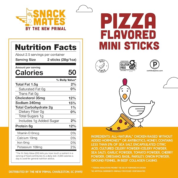 SNACK MATES BY THE NEW PRIMAL, CHICKEN PIZZA MEAT STICK, ALL NATURAL CHICKEN, HIGH PROTEIN AND LOW SUGAR KIDS SNACK, CERTIFIED PALEO, CERTIFIED GLUTEN FREE, LUNCHBOX FRIENDLY, 0.5 OZ, PACK OF 5
