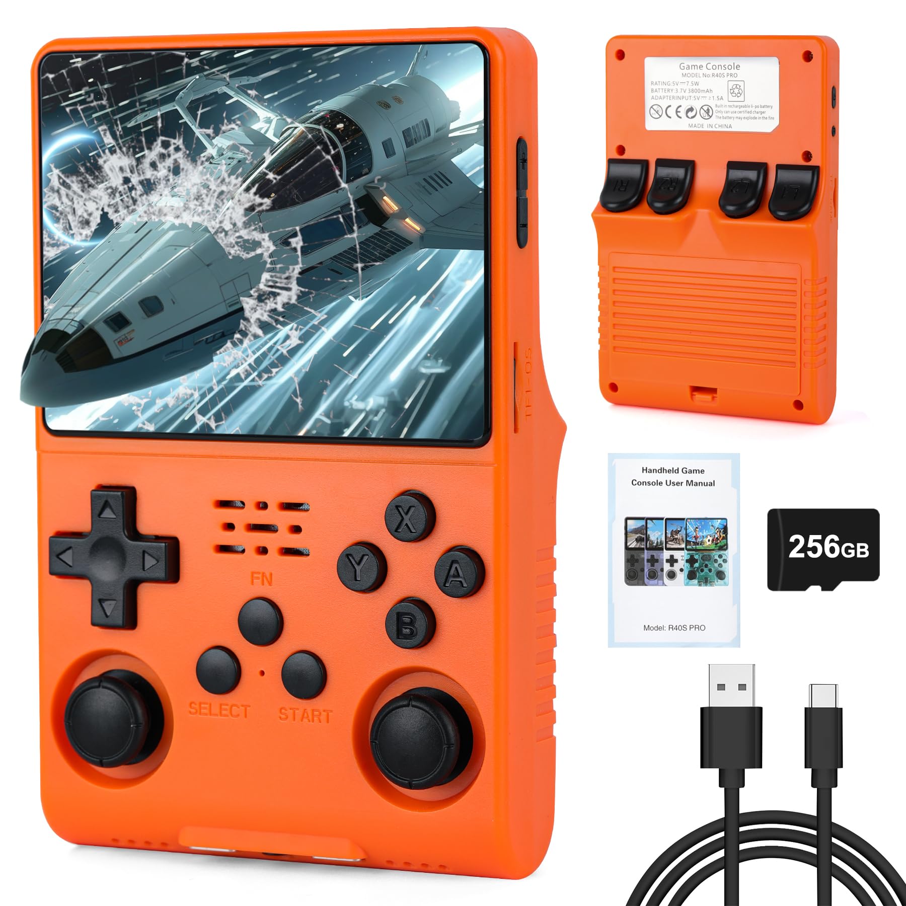 Photo 1 of ?30000 in 1? R40S Pro Retro Handheld Game Console, 3.5 inch IPS Screen, More Than 20 Emulator, 256G TF Card (Orange)