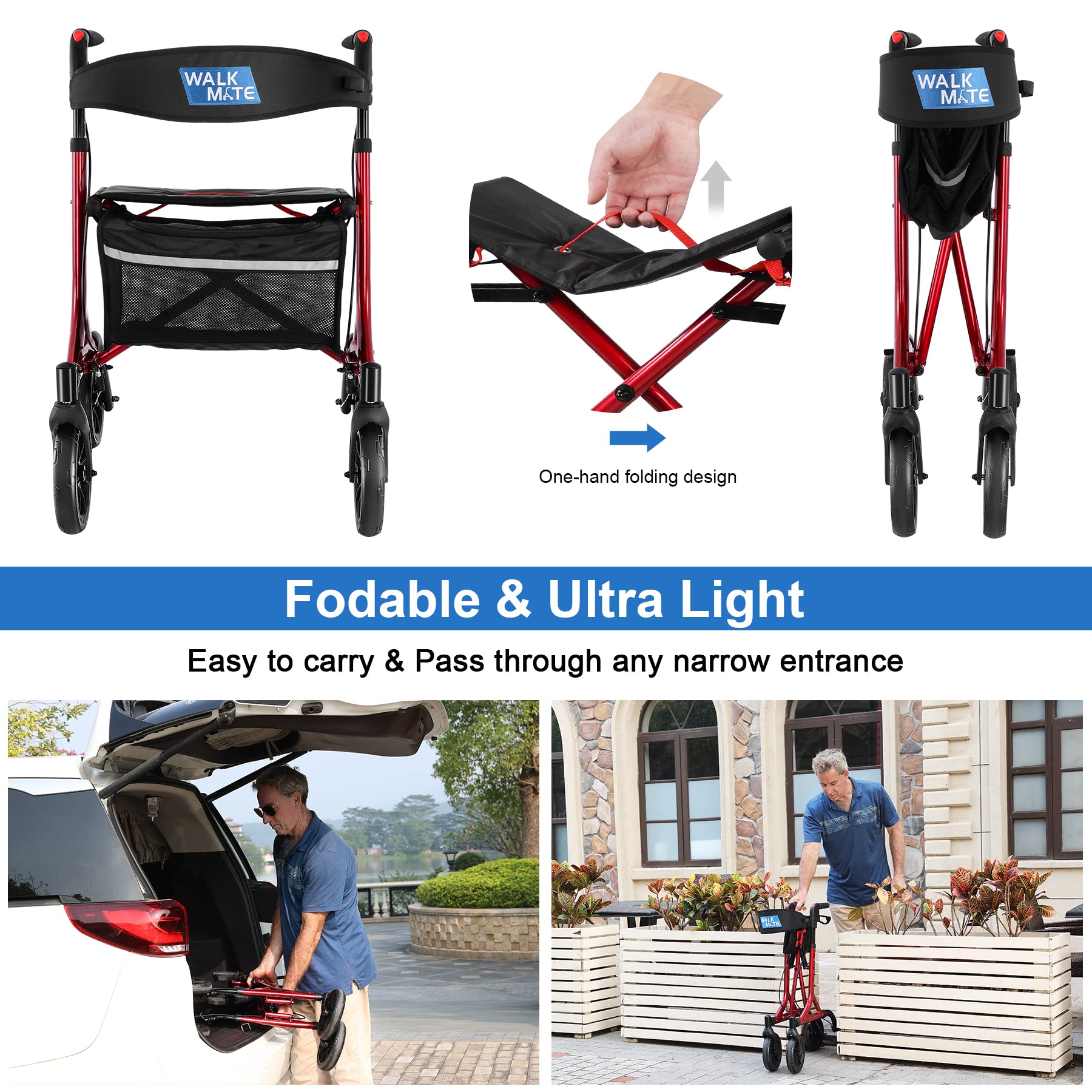 WALK MATE Rollator Walker for Seniors with Cup Holder, Upgraded Thumb Press Button for Height Adjustment, 4 x 8 Wheels Walker with Seat Padded Backrest Folding Lightweight Walking Aid, Red