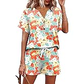 AKEWEI Womens Two Piece Outfits Summer Lounge Sets Tracksuit V Neck Buttons Down Tops and Shorts Set with Pockets