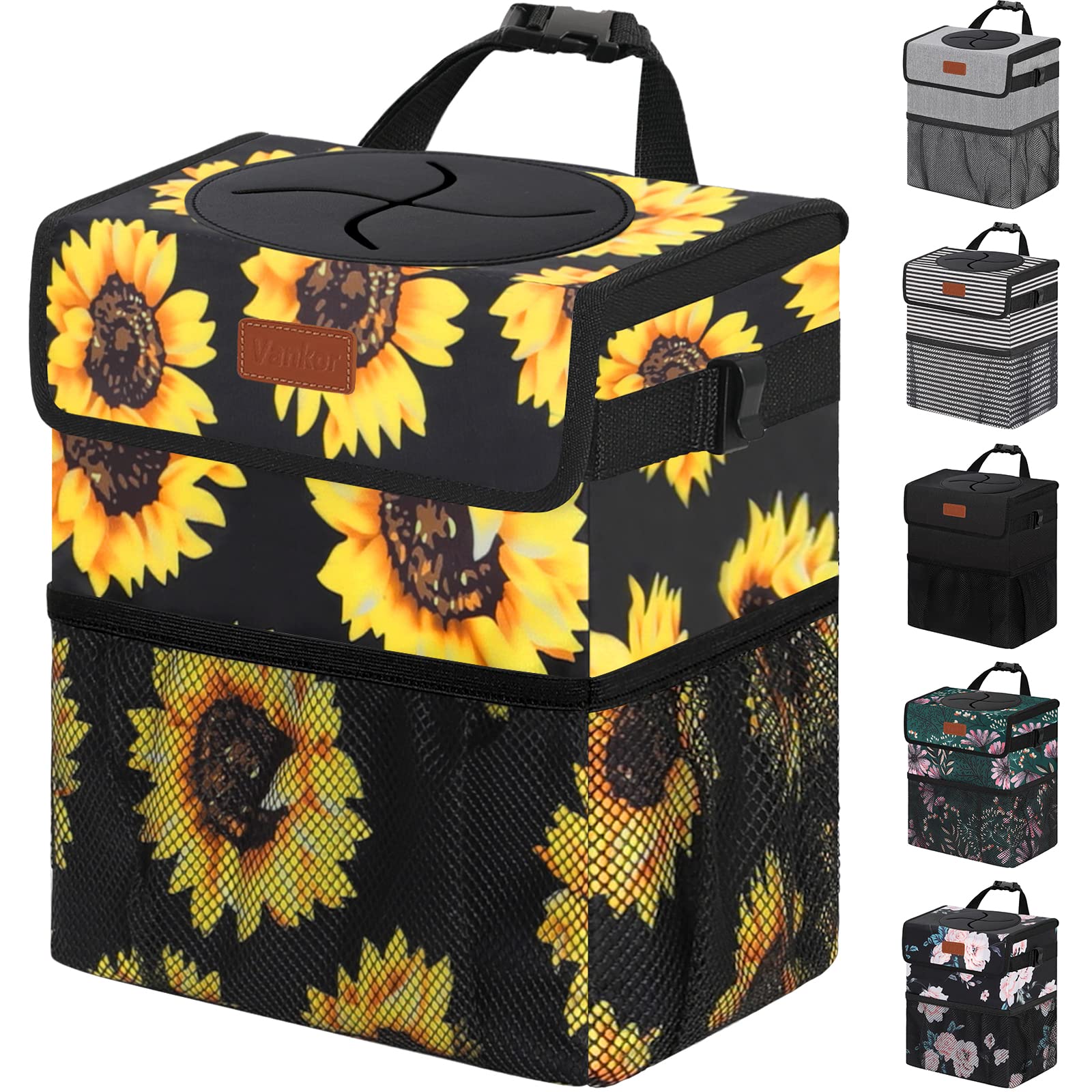 Vankor Cute Trash Can for Automotive Car, Trash Bag Bin Hanging Waterproof Leak Proof Vehicle Garbage Cans Sunflower