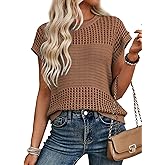 EVALESS Womens Tops Casual Summer Cap Short Sleeve Crochet Hollow Out Knit Sweater Vest Pullover T-Shirts Beach Coverup