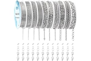 Ecoofor Necklace Chains for Jewelry Making, 78.7 Feet 10 Rolls Stainless Steel Jewelry Chains for DIY Necklace Bracelet Jewelry Making with Stainless Steel Jump Rings/Lobster Clasps/Connectors