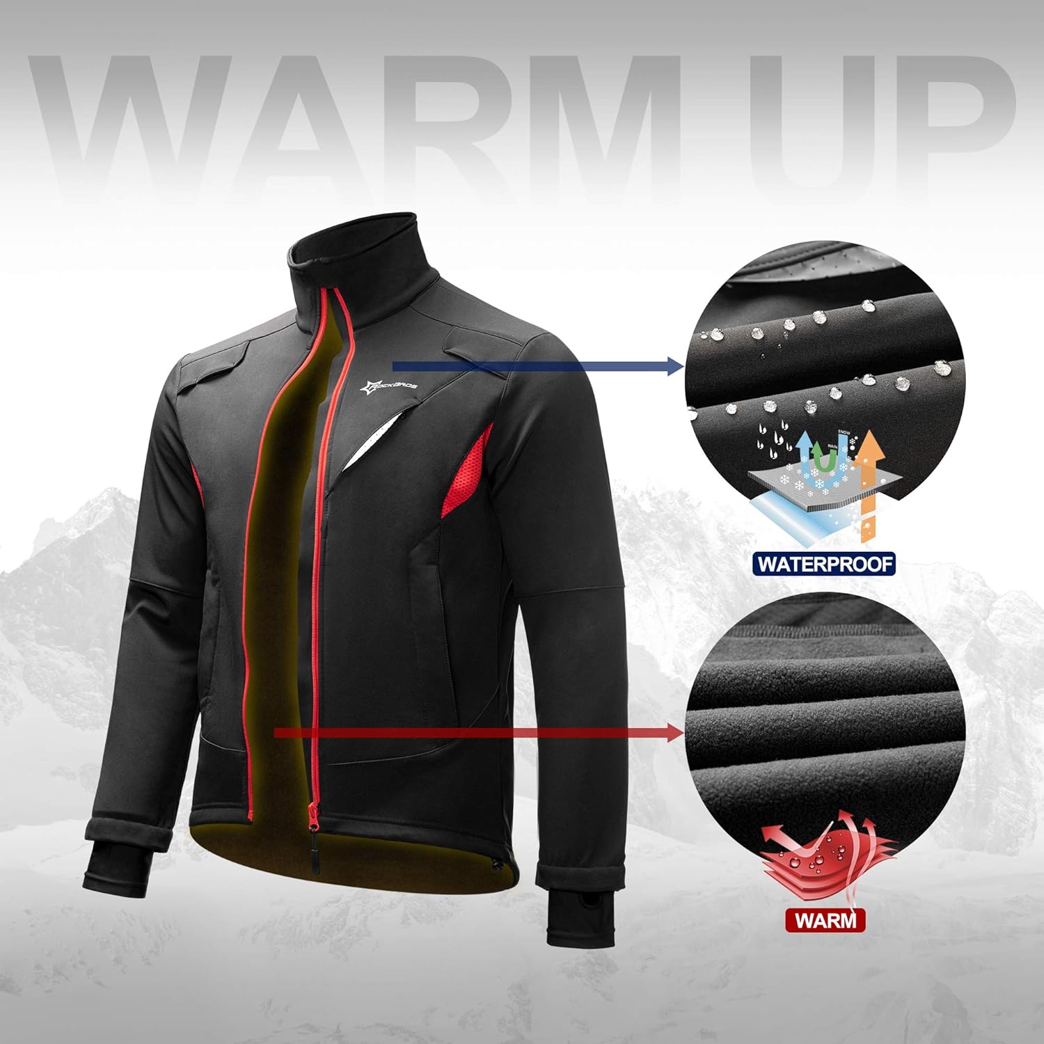 ROCK BROS Winter Cycling Jacket for Men Thermal Fleece Windproof Jacket Running Biking Hiking: Clothing