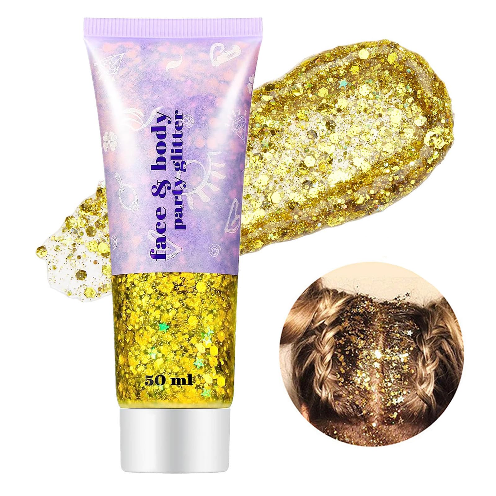 Go Ho Gold Face Body Glitter Gel 50ML,Singer Concerts Hair Glitter Makeup,Holographic Long Lasting Chunky Sequins Glitters Sparkling,Festival Rave Accessories for Face Gems,02 Gold — image 1