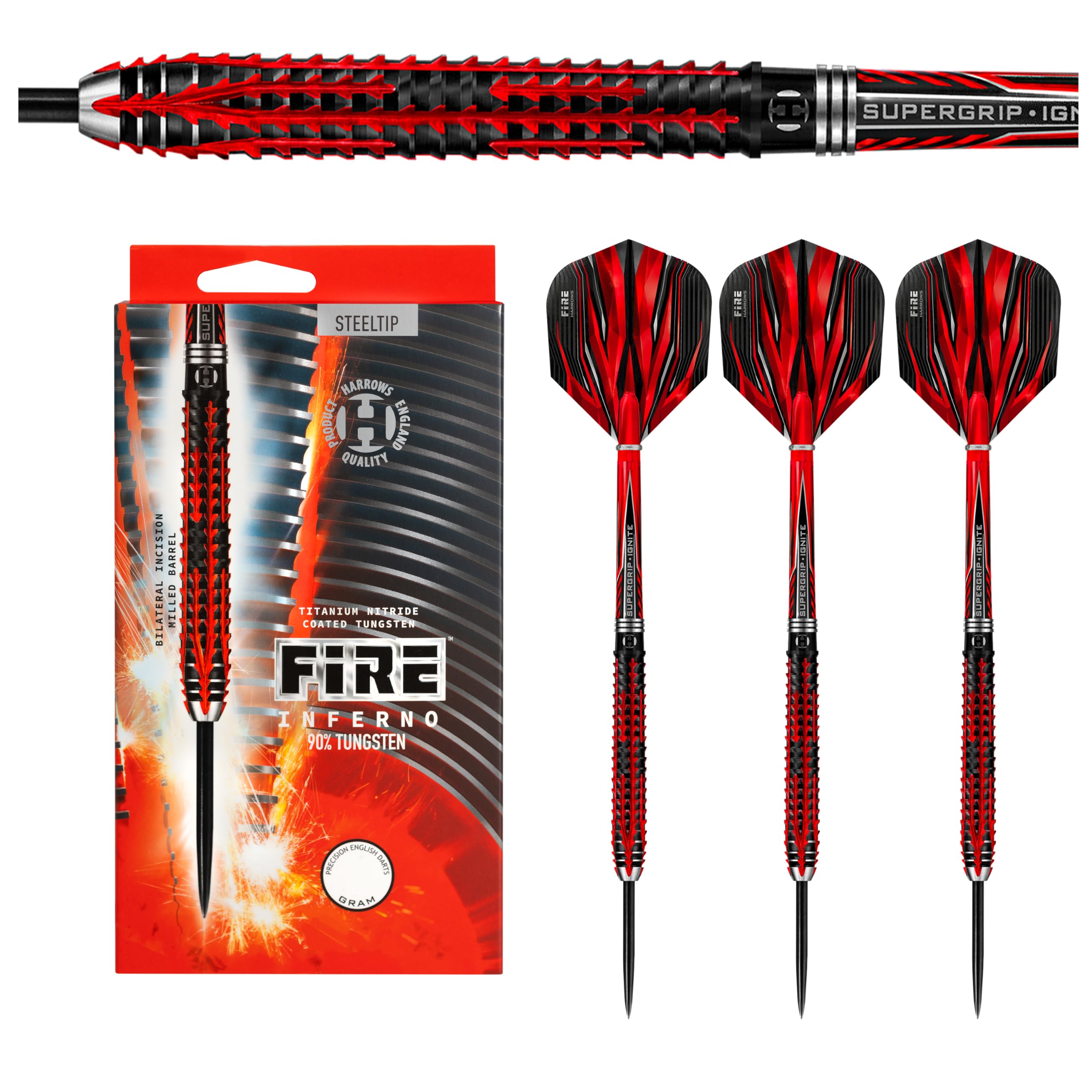 Harrows Fire Inferno 90% Tungsten Steel Tip Darts Set 22g, 23g, 24g & 25g - Includes Red Supergrip Ignite Shafts & stunning new 100 Micron Fire Flights (23g)