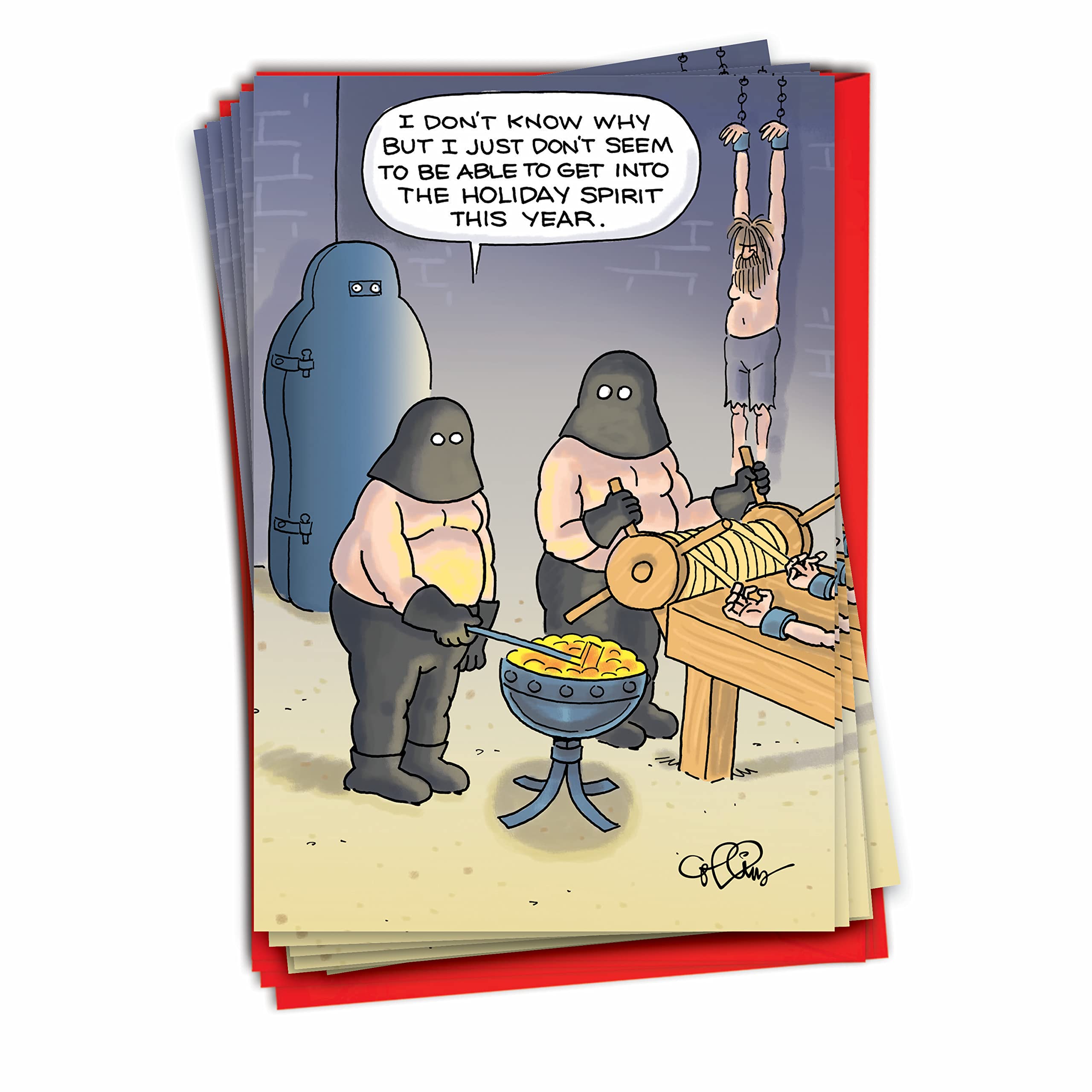 NobleWorks - 12 Funny Cartoon Christmas Cards - Boxed Notecards for Christmas, Bulk Comic Humor Set (1 Design, 12 Cards) - Dungeon Holiday Spirit B5745