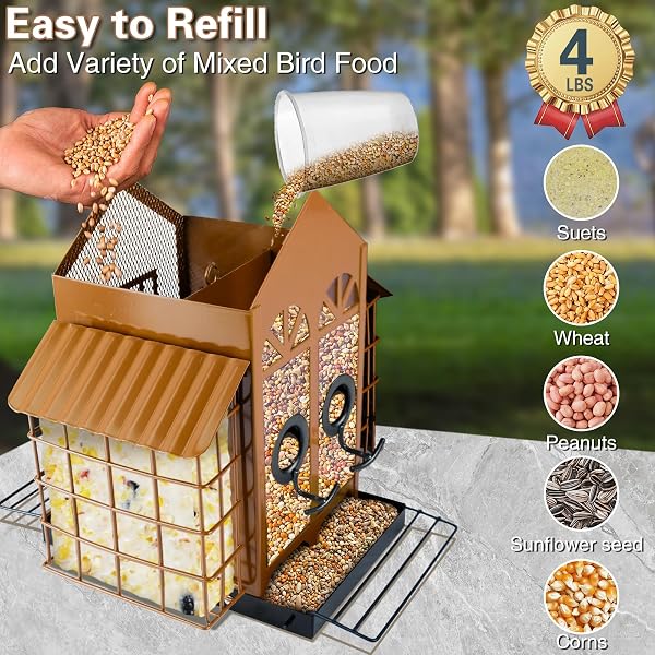 TAYEPIN BIRD FEEDERS FOR OUTDOORS HANGING, METAL WILD BIRD FEEDERS WITH DOUBLE SUET CAGE, 4LBS LARGE CAPACITY FOR OUTSIDE GARDEN WATERPROOF, LDEAL GIFTS FOR BIRDS FEEDING FINCH CARDINAL, BROWN