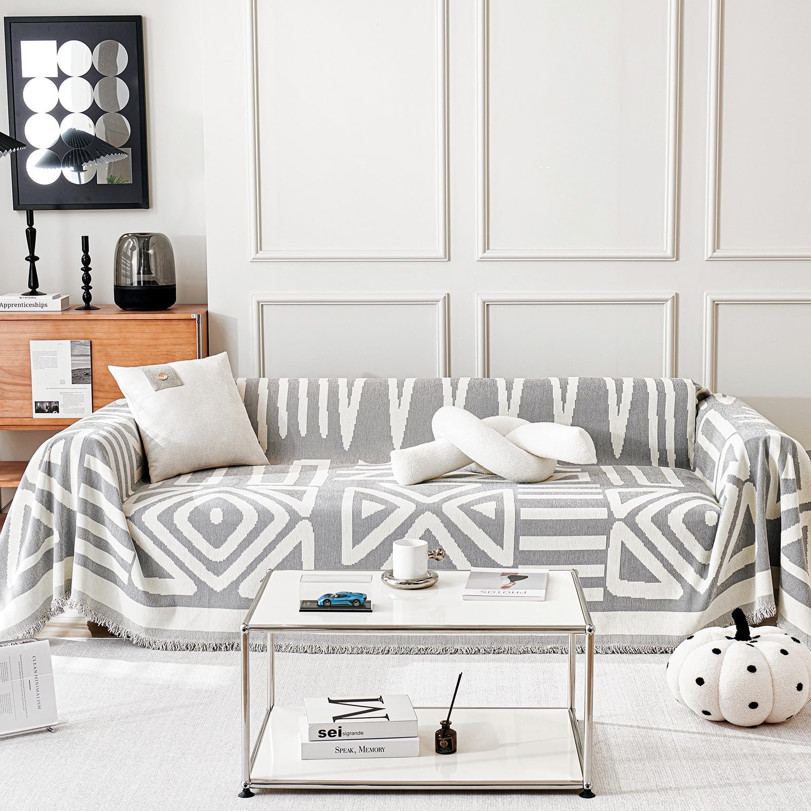 TAOTAOGO Sofa Cover 2 3 Seater Boho Chenille Corner Sofa Slipcover Washable L Shape Sofa Covers Reversible Sectional Couch Cover with Tassel Furniture Protector Loveseat Futon Cover A Grey 180x300cm