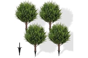 FZHCZWZX Artificial Cedar Shrub Ball Trees Two 15.8inch with Ground Spikes, can be Planted in The Ground and in pots, Outdoor Artificial Plants Resistant to UV Rays (4pcs)