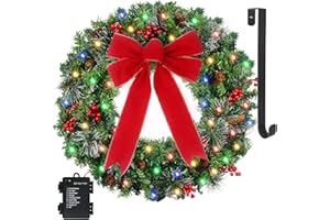 GAMEXCEL Prelit 24in Christmas Wreath Hanger for Front Door Christmas Decorations 8 Light Modes Waterproof Battery Operated Christmas Door Wreath with 50 Lights, Pinecone Red Berries Bow