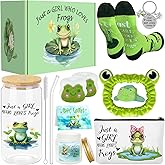 Yoloodayy 9 Pcs Valentine's Day Frog Gifts Frogs Lovers Stuff Gifts Include Glass Cup Candle Hair Pin and Band Cards Makeup Bag Keychain Socks Valentine's Day Gift for Frog Lovers