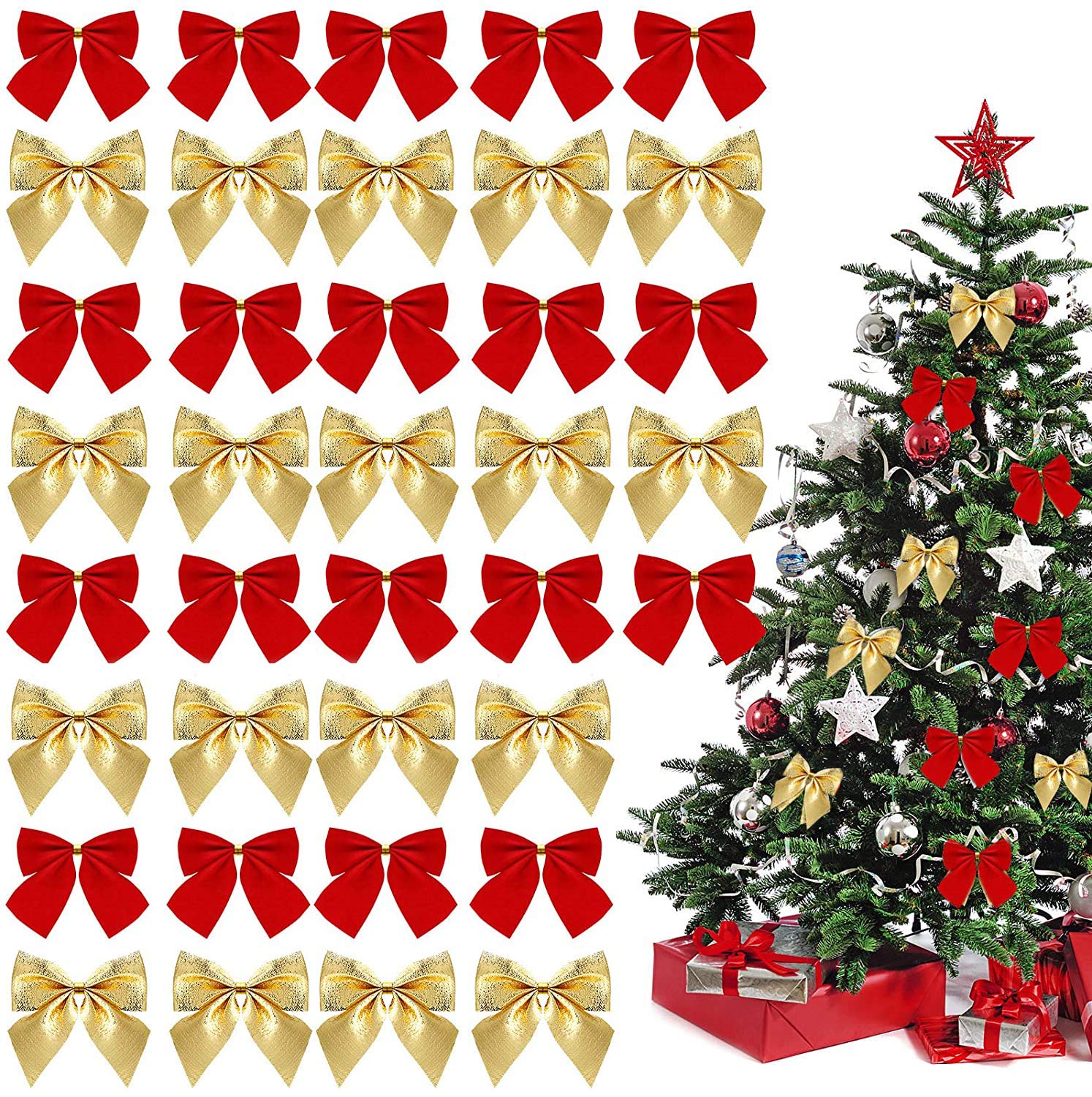 72 pieces of Christmas bows, bow decorations, Christmas tree decoration ribbons, Christmas wreath gifts, Christmas decoration ribbons, gold+red