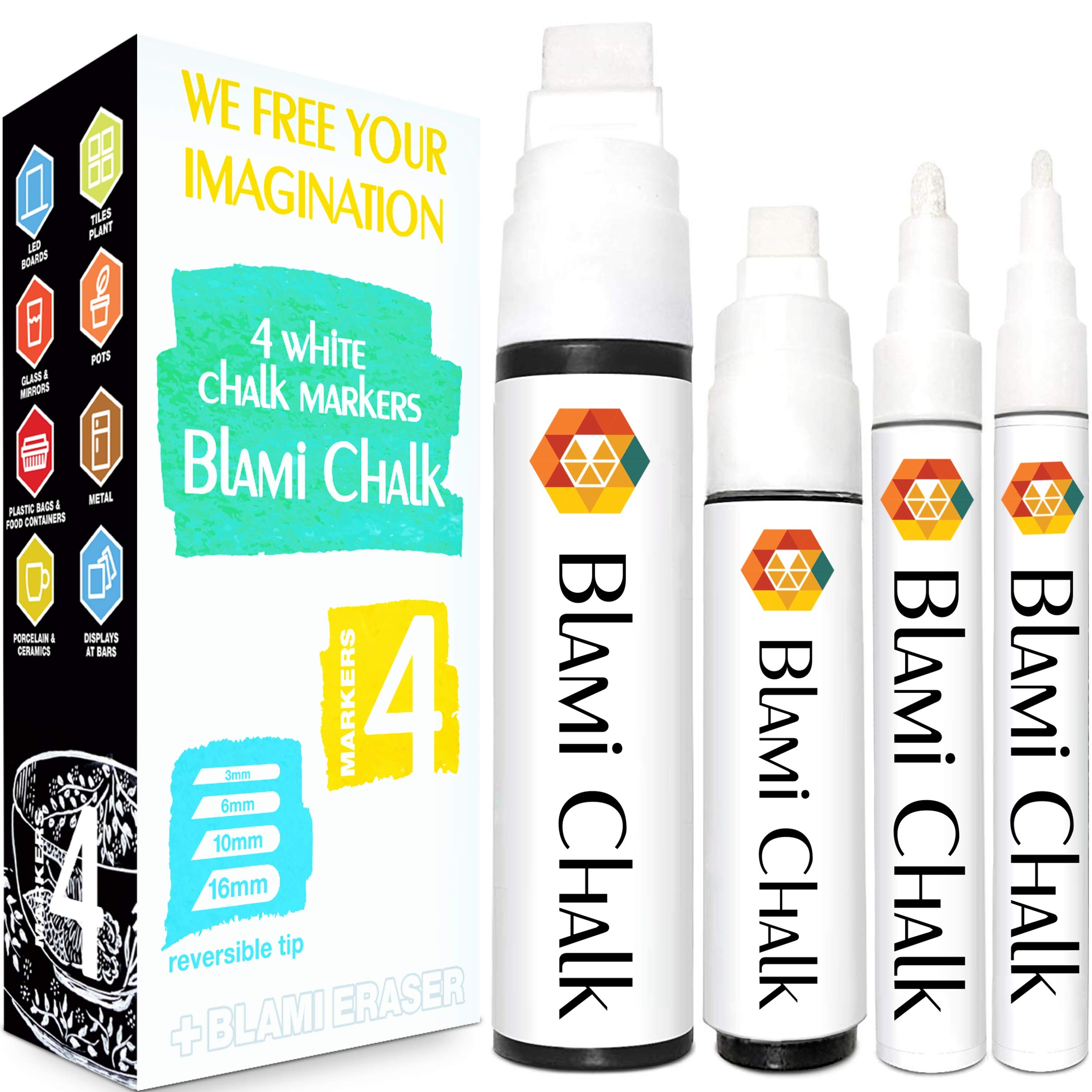 Blami Arts White Chalk Markers 4 Pack - Reversible Fine and Jumbo Tips 16mm - 10mm - 6mm - 3mm - Chalkboard Pens for Bistro Glass Windows - Eraser Sponge Included