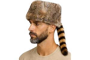 Lupidyyxun Real Raccoon Hat with Tail for Men Women Rabbit Fur Davey Crockett Coonskin Hat Russian Ushanka Fur Hats