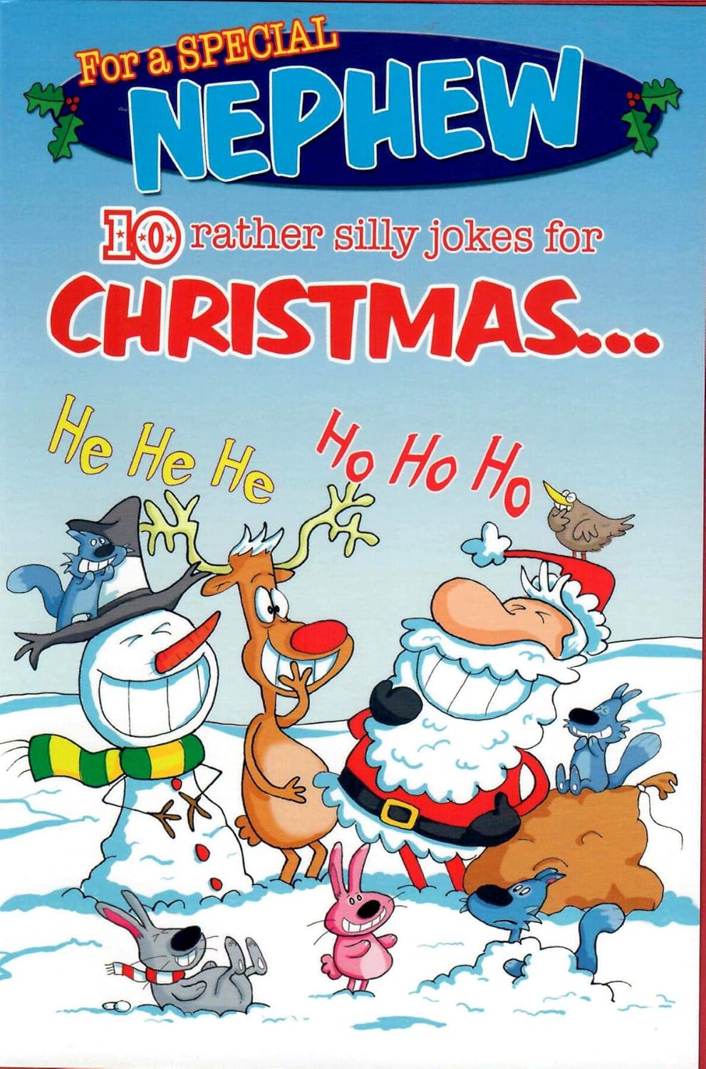 Emotional Rescue Christmas Card for a Special Nephew 10 Rather Silly Jokes for Christmas Nephew Xmas Card, Blue & Red, 23.5 x 15.9 cms
