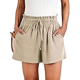 NILOINE Womens Summer Elastic Waist Drawstring Shorts Ruffle Waist High Waisted Wide Leg Casual Beach Shorts with Pockets