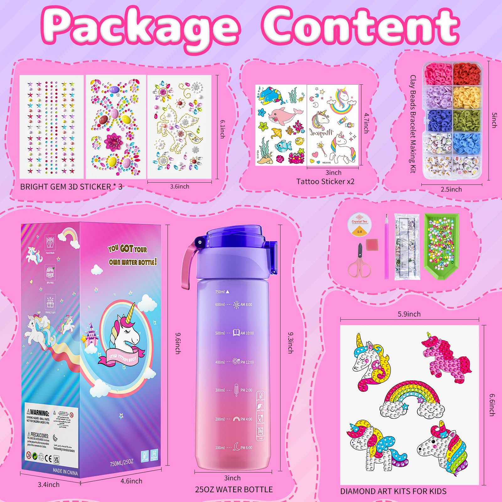Gifts for Girls 4-12, Decorate Your Own Water Bottle Kits for Girls, Unicorn Diamond Painting Toys & Friendship Bracelet Kit, Fun Arts Crafts for Kids Ages 4-6-8-10, Birthday Gifts Toys for Kids