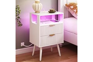 JOONEE White Nightstand with Charging Station and LED Lights,Modern Bedside Table with 2 Storage Drawer and Open Wood Shelf, for Bedroom and Small Spaces,Night Stand with Solid Wood Legs,White