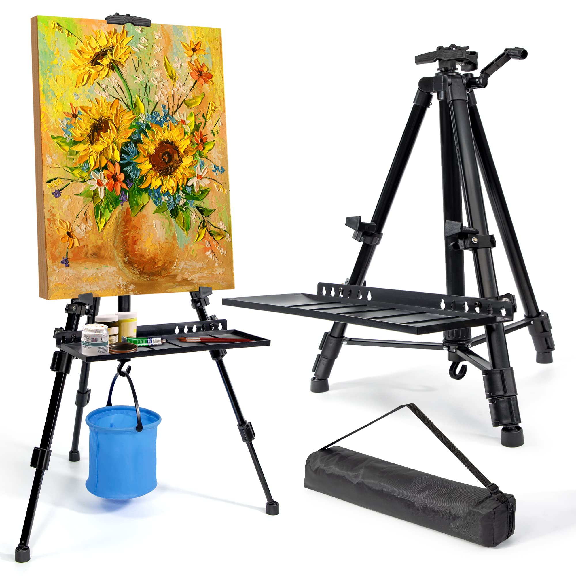 Art Easel Stand for Painting, Adjustable 51-155 cm, Folding Tripod Display Easel, Artist Stand Easel with Bag/Keg, Tabletop and Floor Painting Display Drawing Art Sketch (Black)
