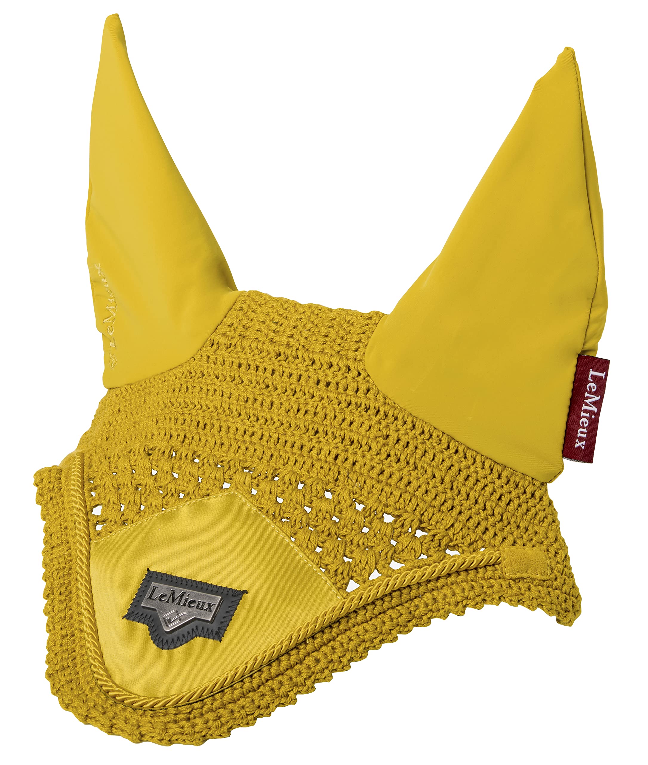 LeMieux Loire Crochet Fly Hood with Comfortable Lycra Ears in Dijon - Luxurious Satin Fabric Front Piece - X Large
