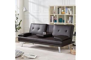 DKLGG Modern Futon Sofa Bed, Faux Leather Upholstered Sofa Couch, Convertible Sleeper Sofa with Removable Armrests 2 Cup Holders Couch Sofa Sleeper for Small Space, Home, Living Room, Apartment