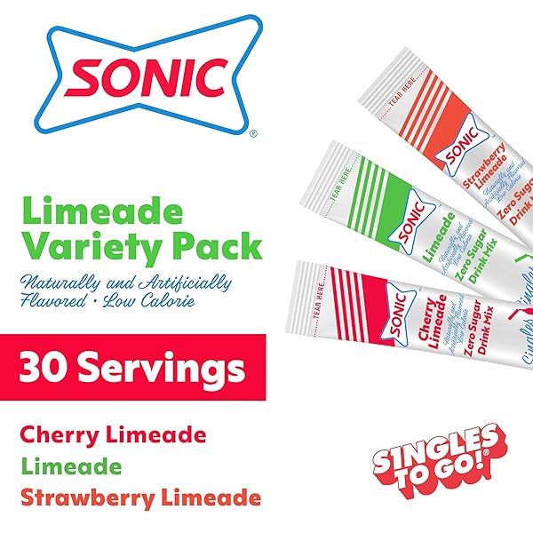 SONIC SINGLES TO GO LIMEADE VARIETY PACK, WATERTOK POWDERED DRINK MIX, INCLUDES 3 FLAVORS, LIMEADE, CHERRY LIMEADE, STRAWBERRY LIMEADE, 1 BOX (30 SERVINGS)