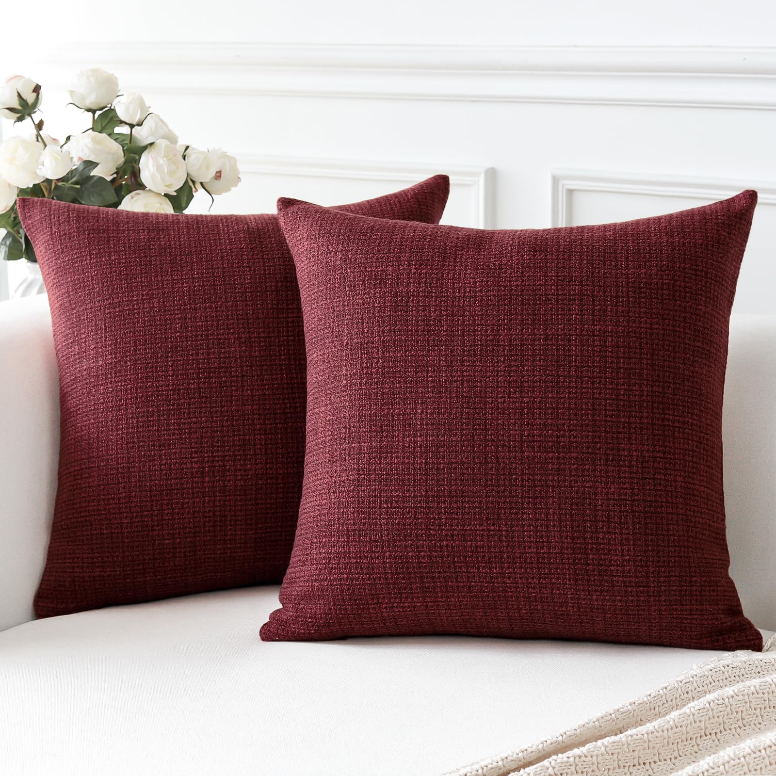 Photo 1 of OTOSTAR Linen Throw Pillow Covers Set of 2 Decorative Square Pillowcases Cushion Covers 12x12 Inch for Home Decor Sofa Bedroom Car 30 x 30 CM Wine Red