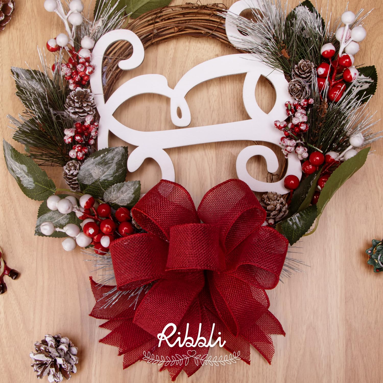 Ribbli Red Burlap Wired Ribbon,1-1/2 Inch x 10 Yard,Wired Edge Ribbon for Big Bow,Wreath,Tree Decoration,Outdoor Decoration