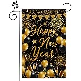 Happy New Year Balloon Ribbon Champagne Double Sided Burlap Garden Flag 12x18 inch Home Outdoor Garden Flag for New Year Decoration -A