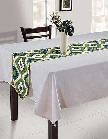 ShalinIndia Indian Duck Cotton Table Runner - 13 x 36 Inches - Blue & White Geometric Print