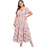 Women's Plus Size Summer Dresses Sweetheart Neck Ruffle Short Sleeve Casual Boho Floral Pleated Long Dress