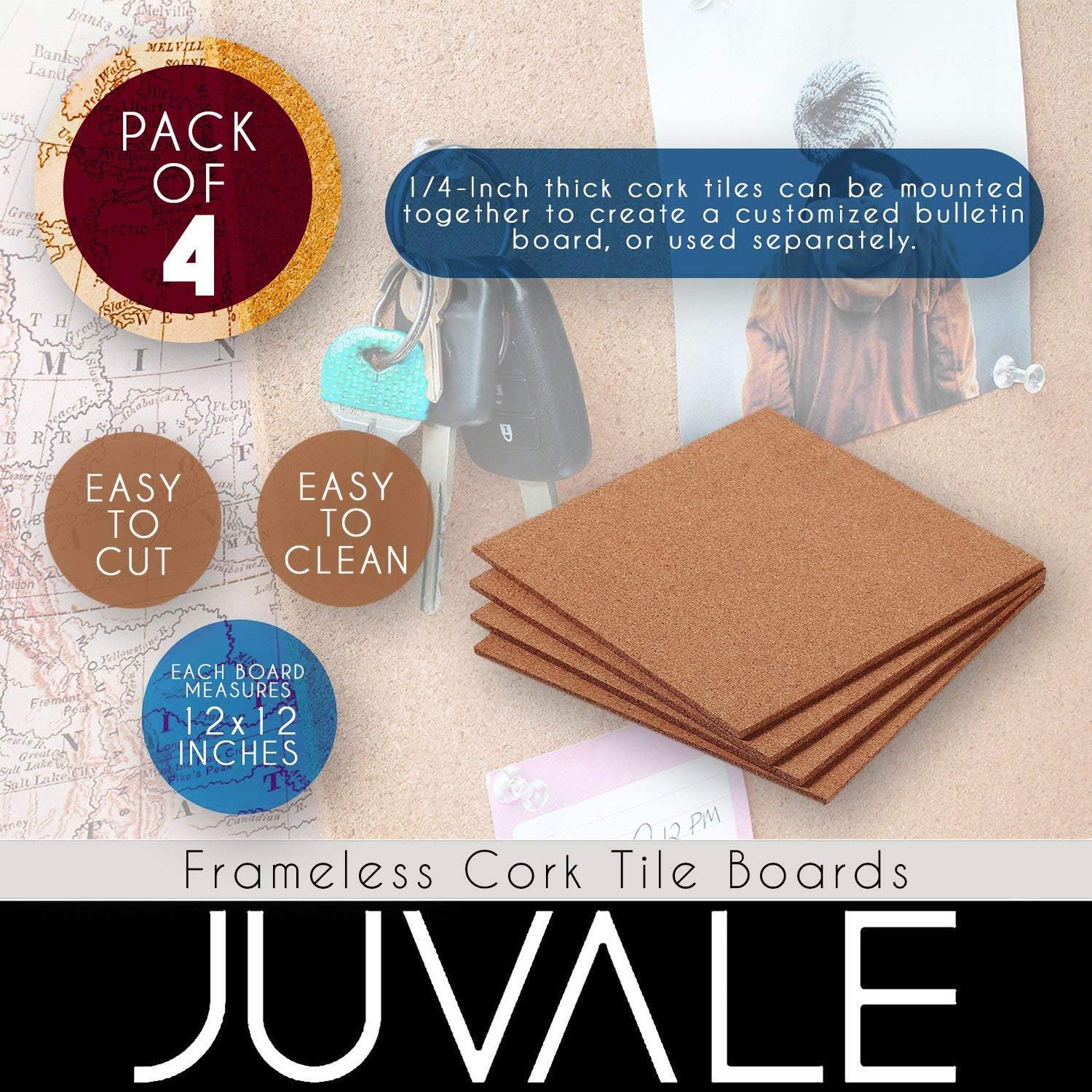 Juvale Natural Cork Tile Boards, Frameless Mini Wall Bulletin Boards (12 x 12 Inches, 4-Pack): Home & Kitchen