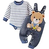 FOCUTEBB Baby Boy Clothes Long Sleeve Striped Romper Fall Winter Outfits Cute Cartoon Overalls Jeans Pants 0-18 Months