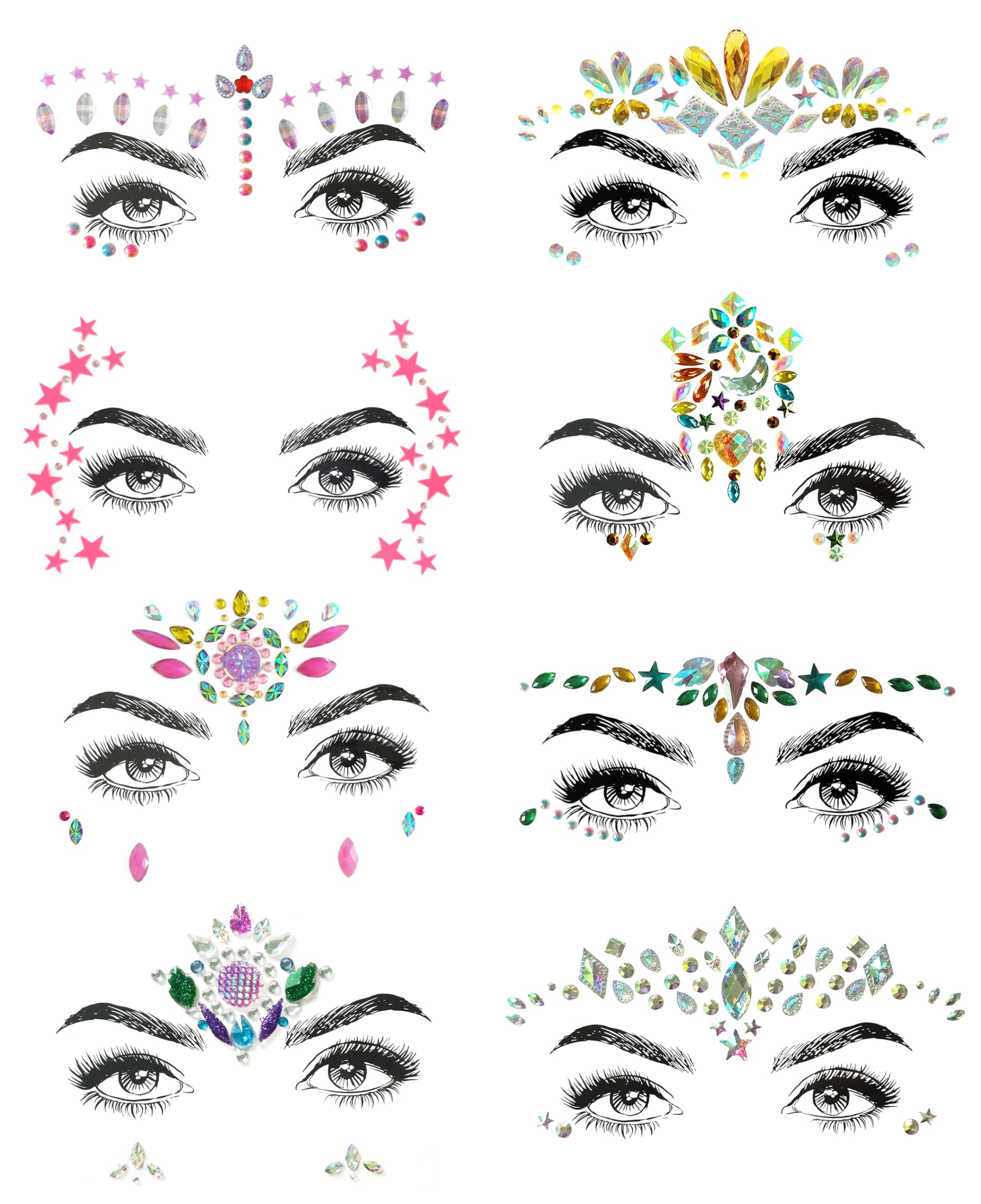 SHINEYES 8 Pcs Gemstone Face Stickers for Music Festival Holiday Party, Rhinestone Face decal for Halloween Christmas, Face Glitter Sticker Temporary Tattoo for Birthday Carnival