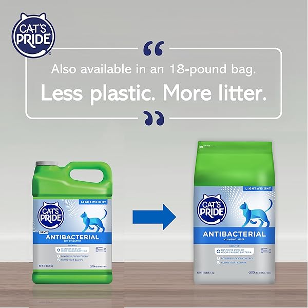 CAT’S PRIDE NEW ANTIBACTERIAL CAT LITTER: DESTROYS 99.9% OF ODOR-CAUSING BACTERIA – POWERFUL ODOR CONTROL – PREMIUM LIGHTWEIGHT CLUMPING LITTER – SCENTED, 18 POUNDS
