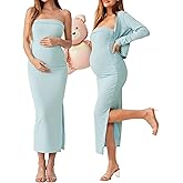 QUNISY 2 Piece Maternity Dress Cardigan Set, Strapless Bodycon Maxi Tube Dresses Long for Baby Shower Photoshoot Formal