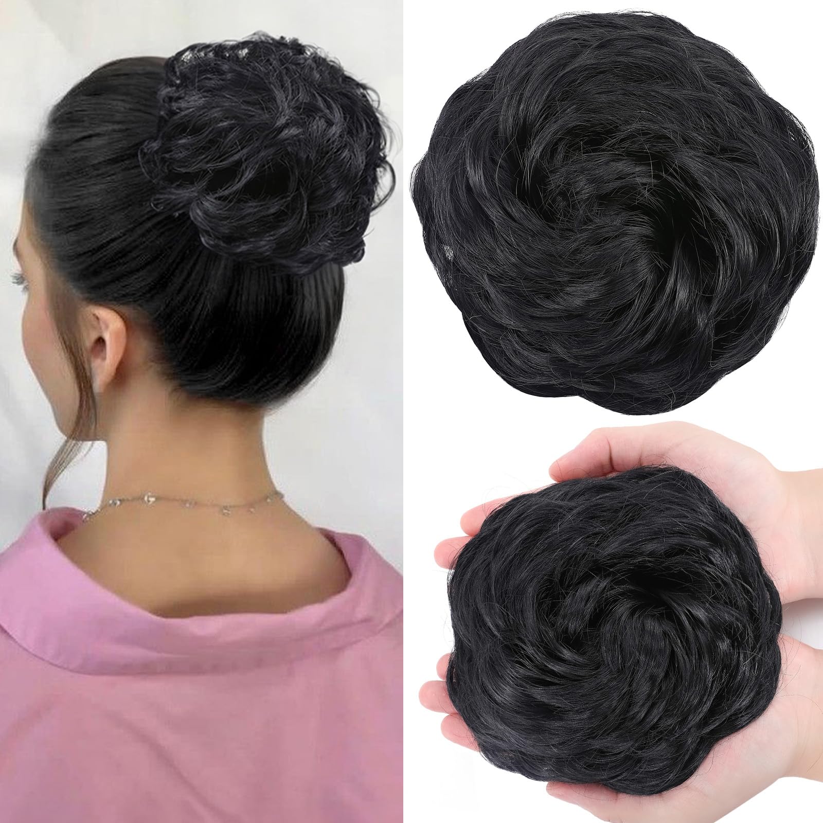 SEGOHAIR Messy Bun Hair Piece Fake Hair Bun Hair Scrunchies Bun - Lightweight 45g Synthetic Hair Bun Piece for Women,Dark Black Curly Wavy Elastic updo Scrunchy Bun